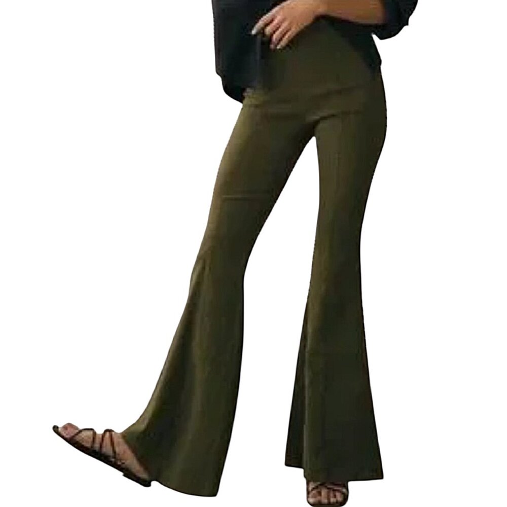 Anthropologie Maeve Olive Linen Blend High-Rise Bell Bottom Boho Flare Pants 12